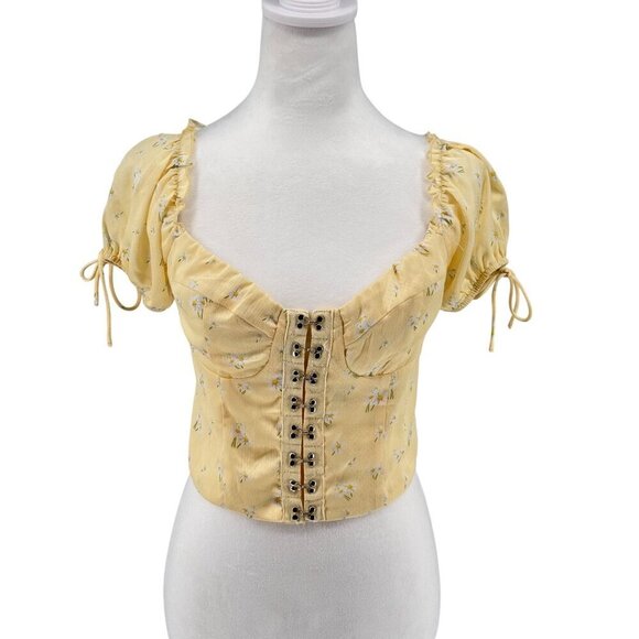 Princess Polly Alison Yellow Floral Crop Corset Top Sz 12 US EUC Puff Sleeves - Picture 1 of 9